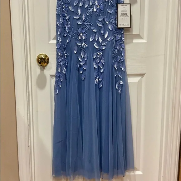 Beautiful Adrianna Papell Blue Dress with Floral Beaded & Sequins Embroidery - Picture 3 of 15